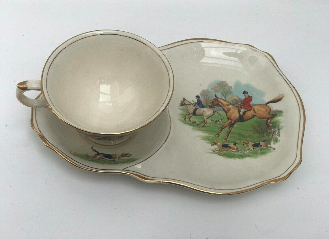 Royal Winton Grimwades Fox Hunting Tennis Set Theekopje En Schotel Hunt Gift Hunter Gift Equestrian English Tea Table Decor Cottage Country photo vinterior