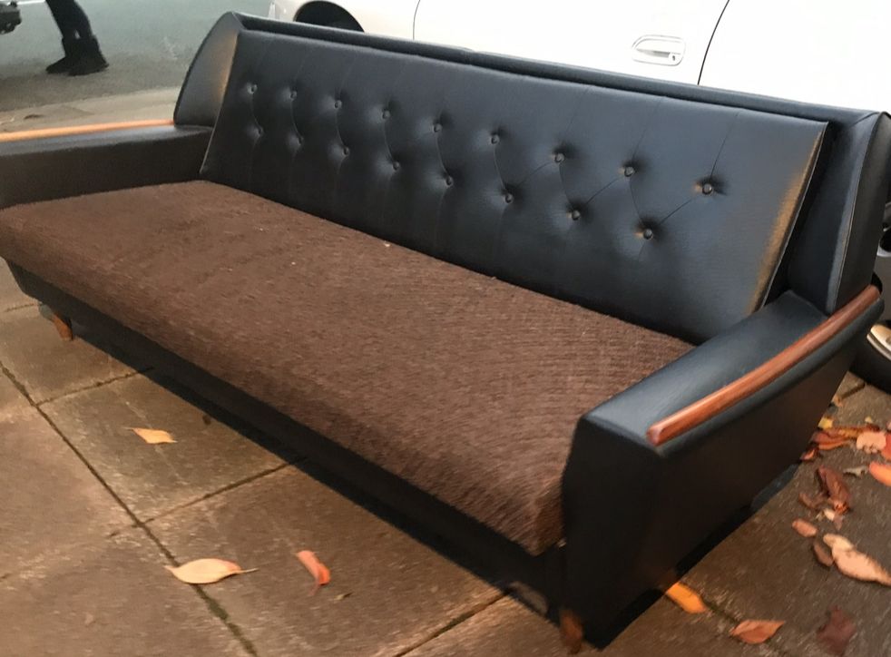 Black Vinyl Faux Leather Leatherette 60s Scandinavian Style Sofa Settee