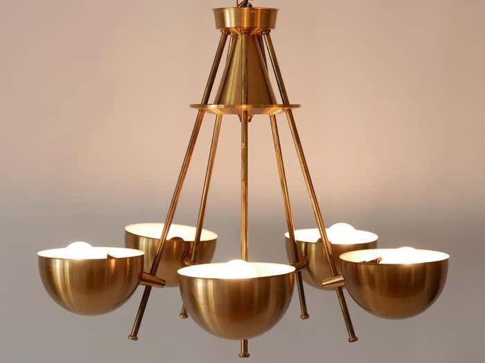 Exceptional Mid Century Five Flamed Chandelier Or Pendant Lamp Sweden 1950s photo vinterior