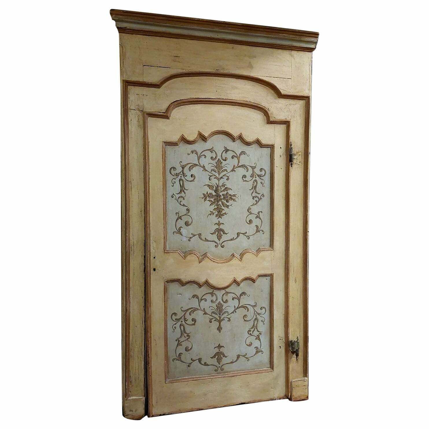 N.3 Interior Doors In Painted Wood With Frame, Floral Decorations, Italy