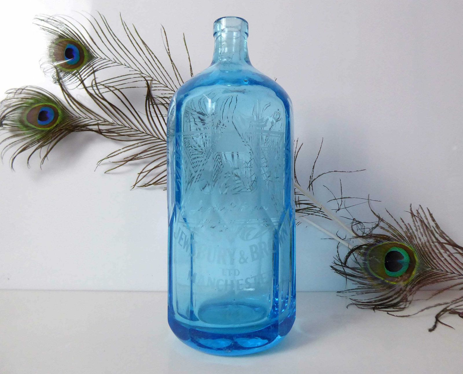 Vintage Blue Glass Soda Syphon Bottle | Vintage Seltzer Bottle | Etched Blue Glass Bottle | J&B Manchester | Jewsbury And Brown