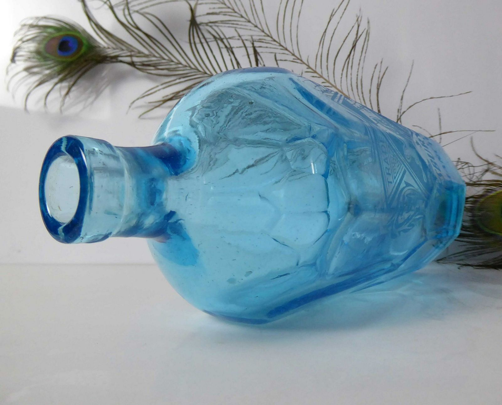 Vintage Blue Glass Soda Syphon Bottle | Vintage Seltzer Bottle | Etched Blue Glass Bottle | J&B Manchester | Jewsbury And Brown photo vintage