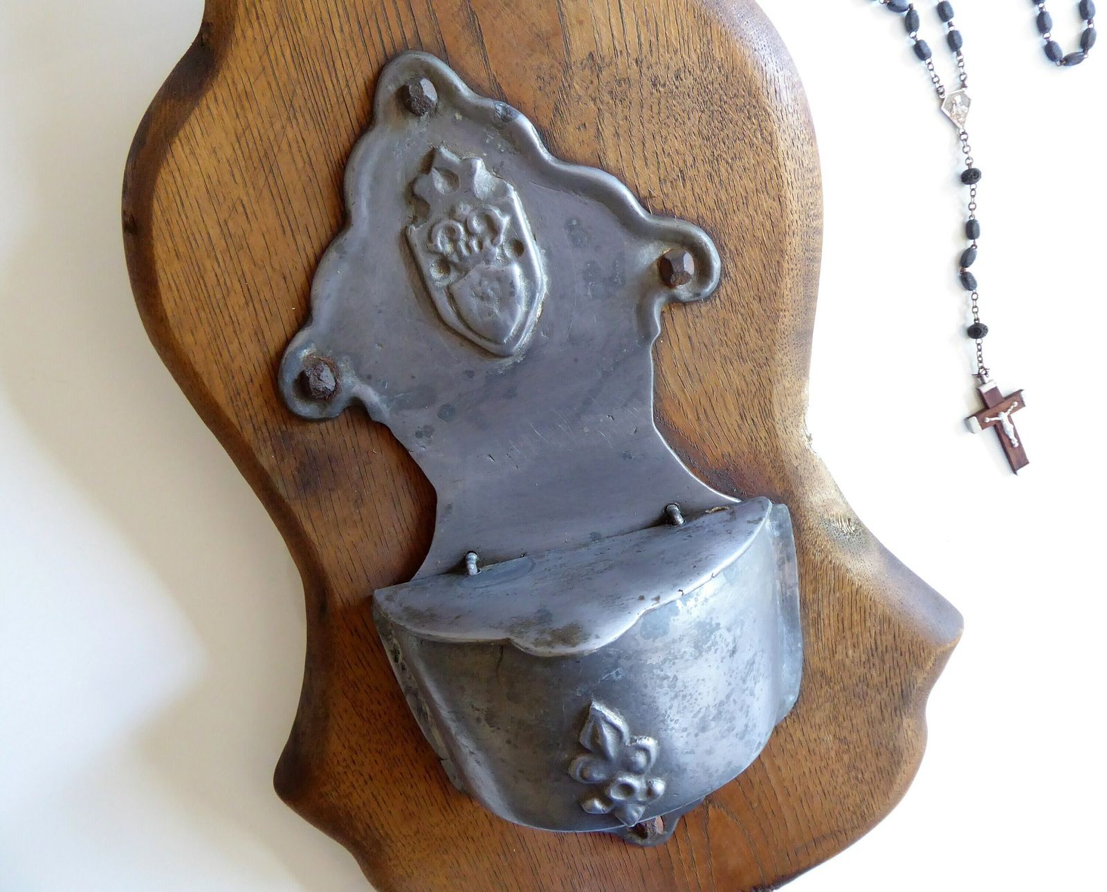 Large Antique Pewter Holy Water Font On Oak Plaque | Vintage French Pewter Benitier | Large Catholic Stoup photo furniture