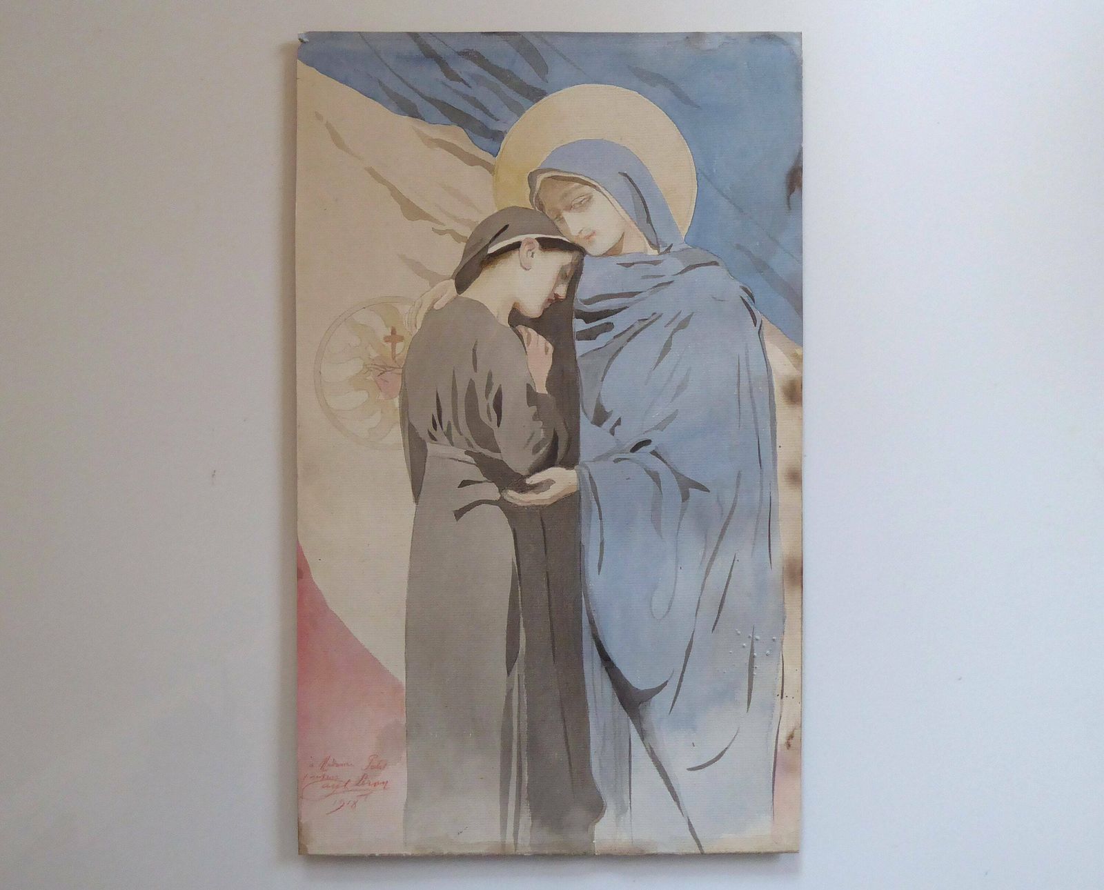 1918 Original French Watercolour | Religious Art | Catholic Sacred Heart | World War One | Ww1 Religious Art photo furniture