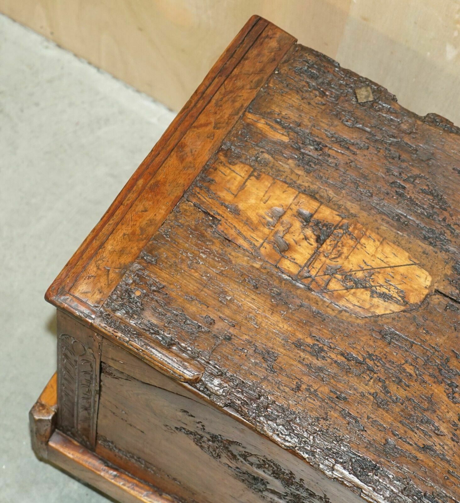 photo vintage Antique 18th Century Six Plank Heavily Burred Chestnut Wood Trunk Chest