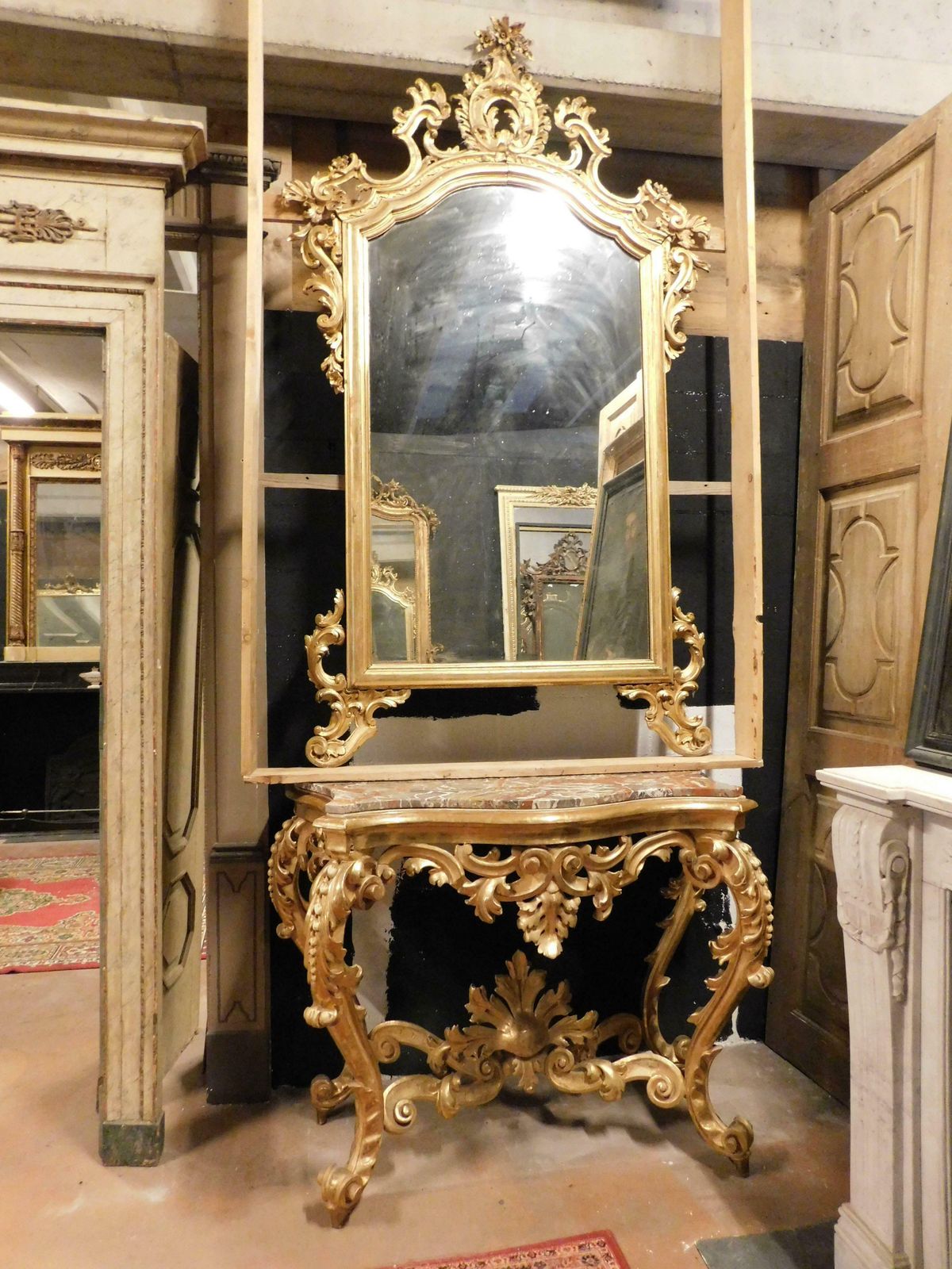 Console Mirror In Gilded Wood Carved Floral Decorations, Red Marble Top, Naples photo furniture