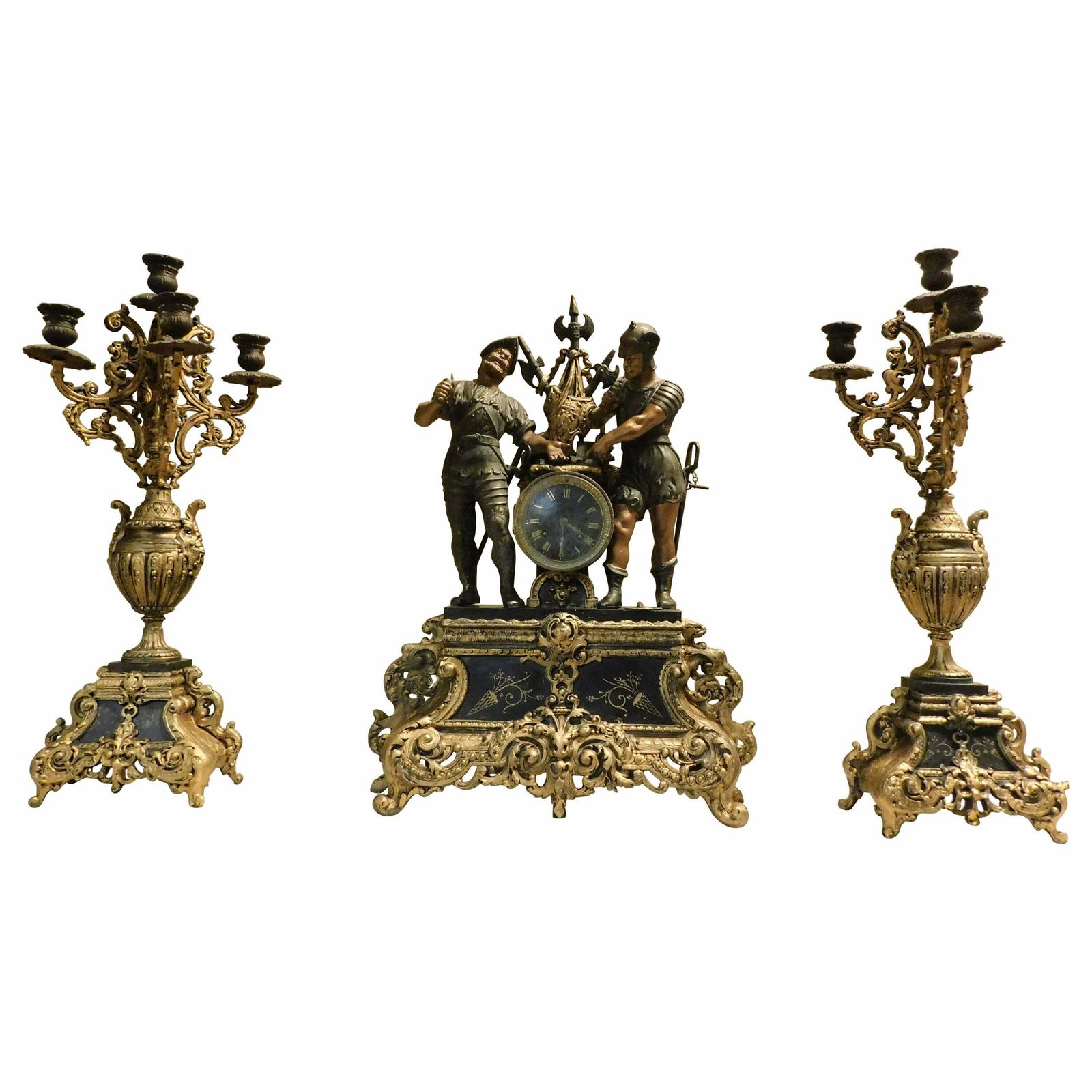Fireplace Triptych In Bronze Formed By Clock And 2 Candlesticks, Italy