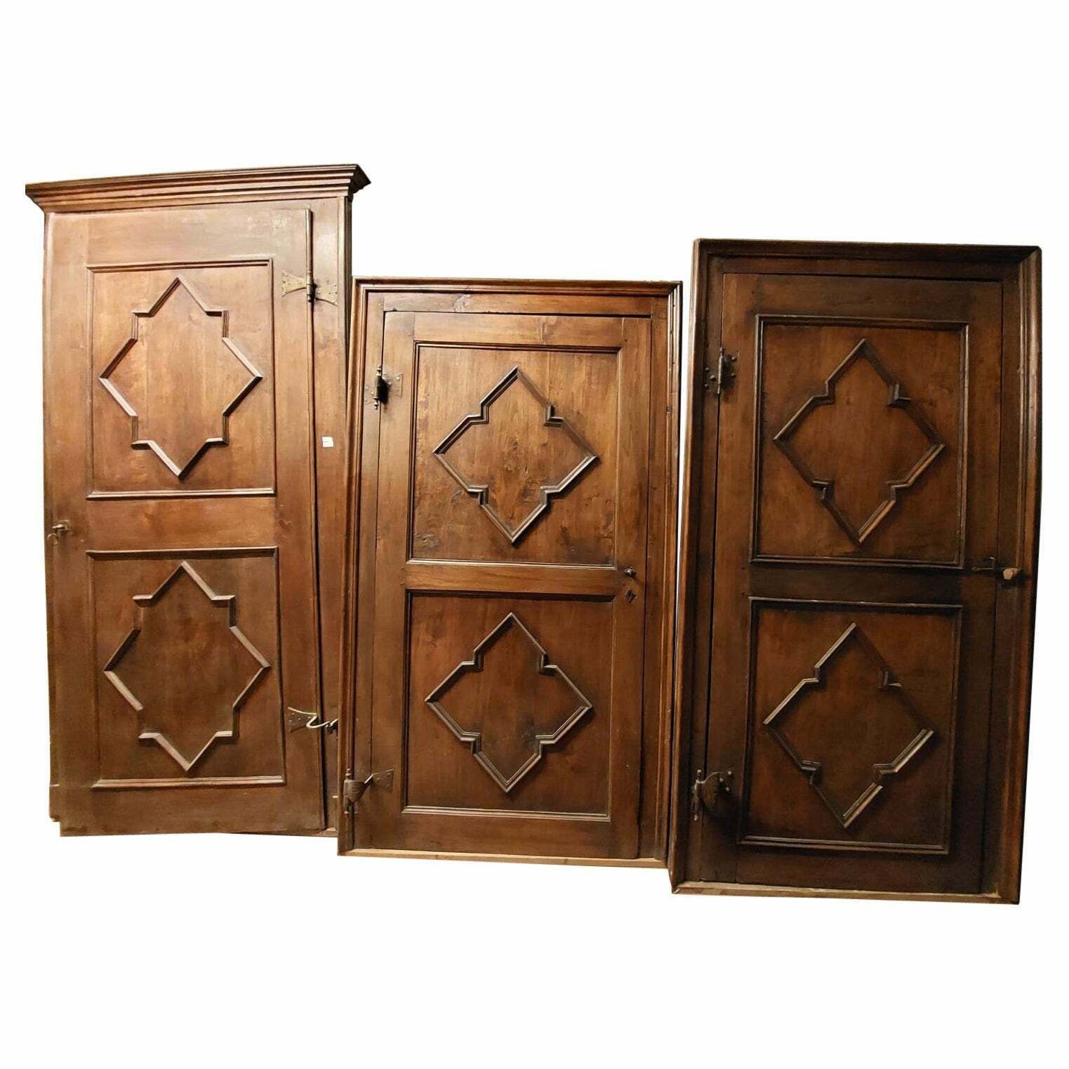 N.3 Poplar Interior Carved Doors, Not Identical, Original Iron And Frame, Italy