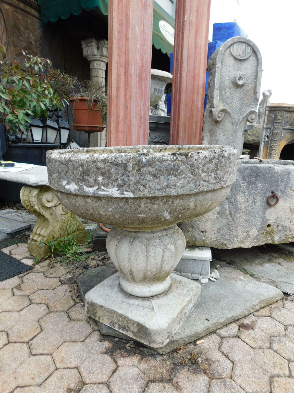 Old Vintage Garden Vases In Cement With Sculpted Flowers photo furniture