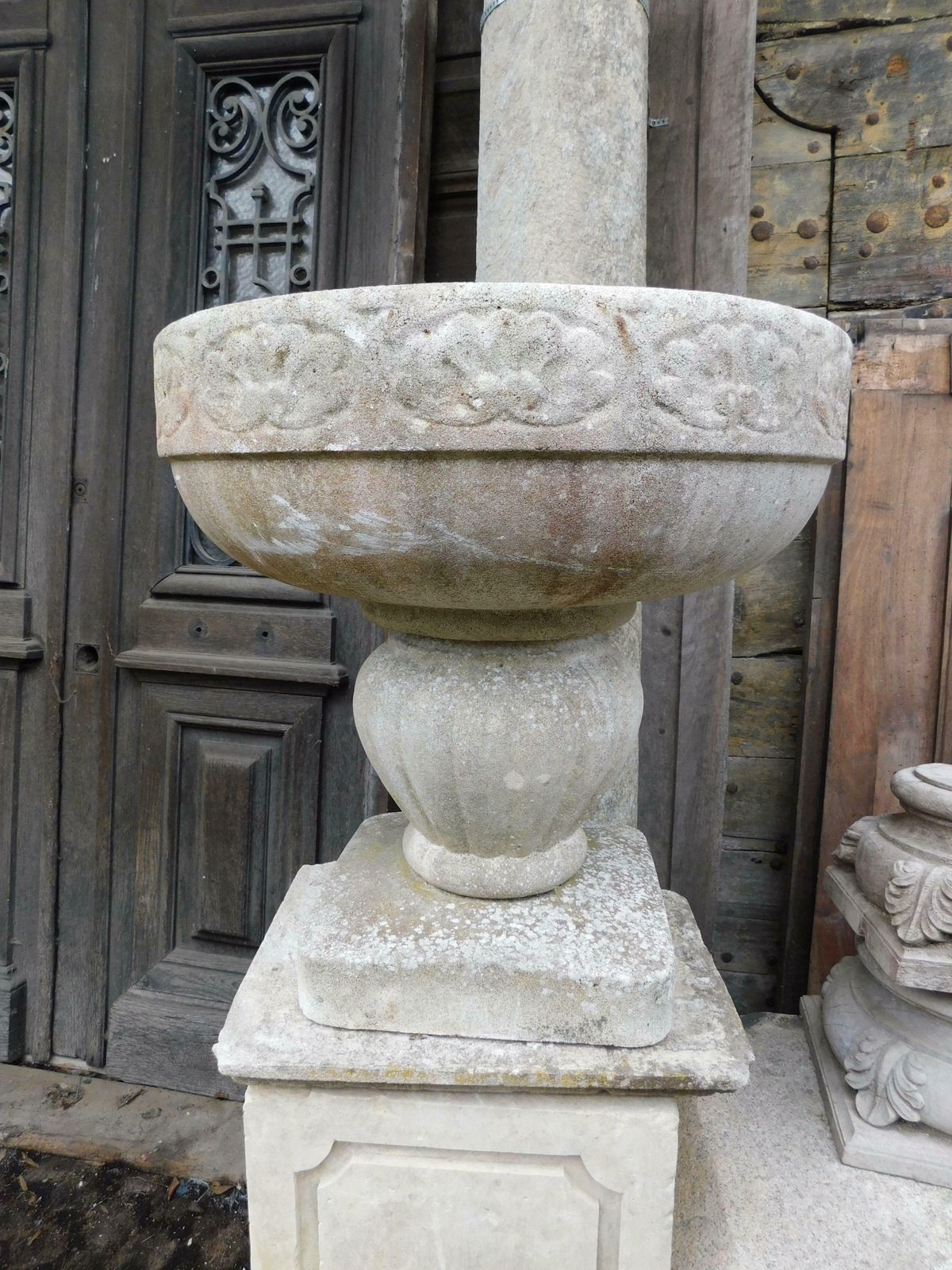 photo for sale Old Vintage Garden Vases In Cement With Sculpted Flowers