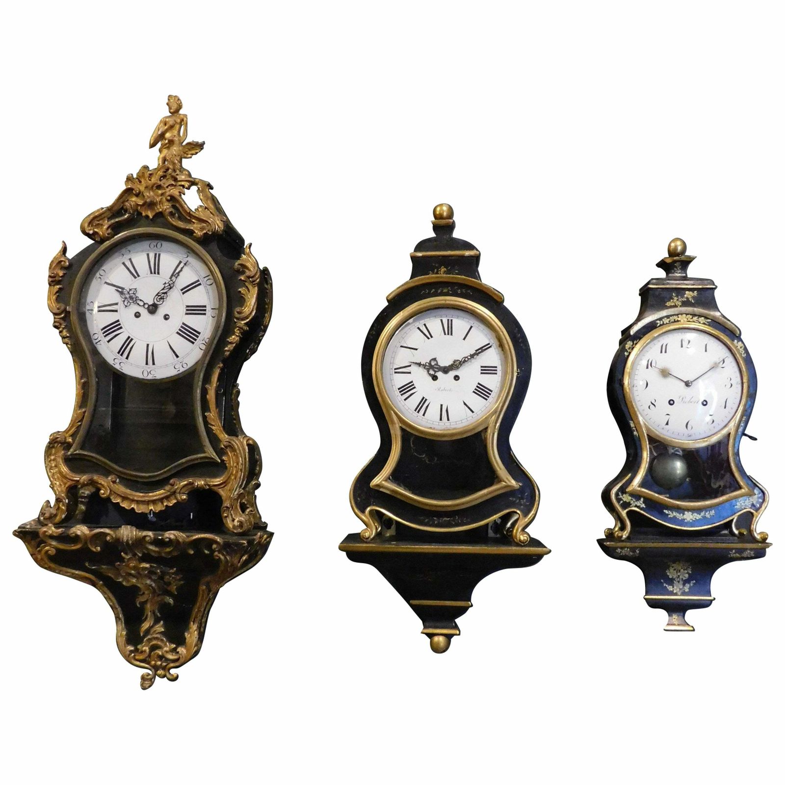 Set N.3 Clocks Ebonised Wood, Profiles And Feet Decorated Gilded Plant Motifs