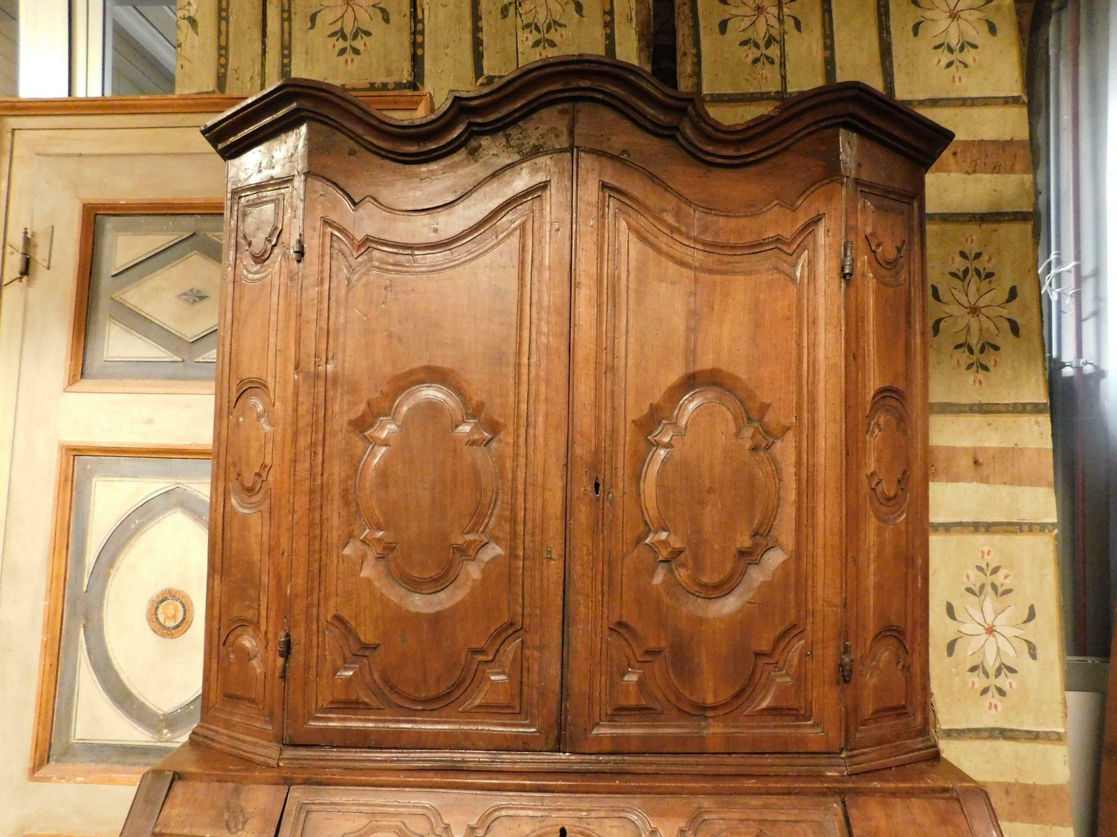 Trumeau, Double Body In Carved Walnut With Doors, Flap And Drawers, Italy photo for sale