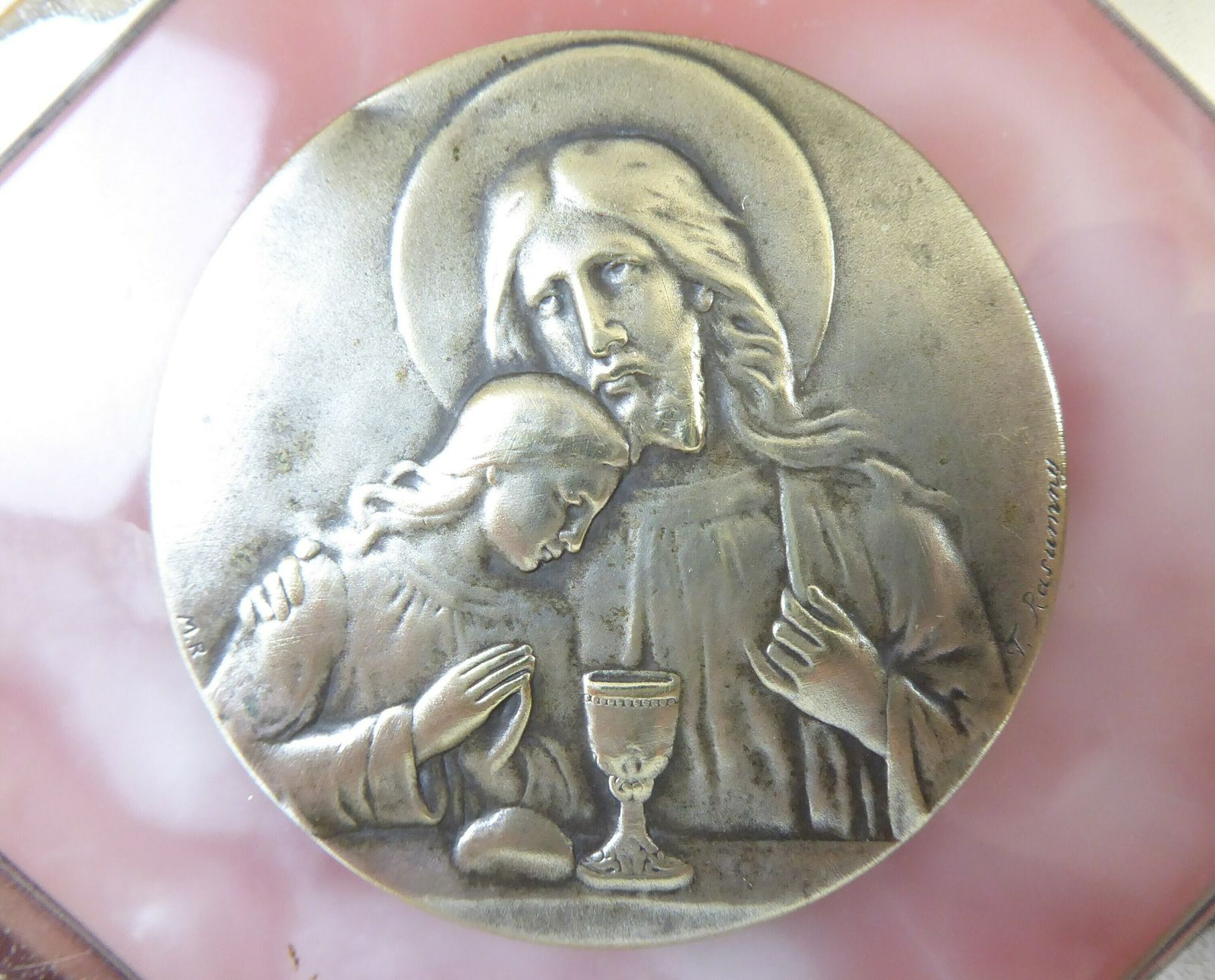 Rose Pink Quartz Religious Plaque By Félix Rasumny   French Vintage Religious Decor photo 94.0
