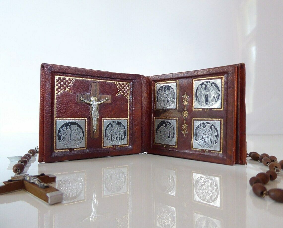 Stations Of The Cross Leather Shrine | Miniature Portable Stations Of The Cross | Way Of The Cross | Crucifixion Of Christ | Religious Gifts