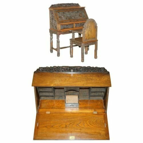 Antique Circa 1940's Hand Carved Chinese Bureau Writing Desk And Matching Armchair