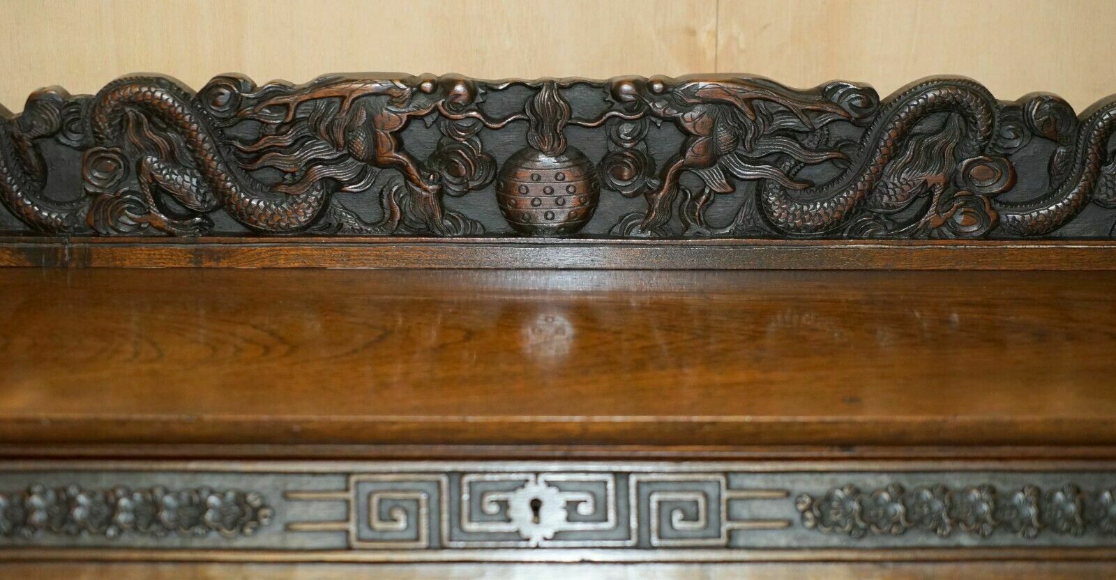 Antique Circa 1940's Hand Carved Chinese Bureau Writing Desk And Matching Armchair photo vinterior