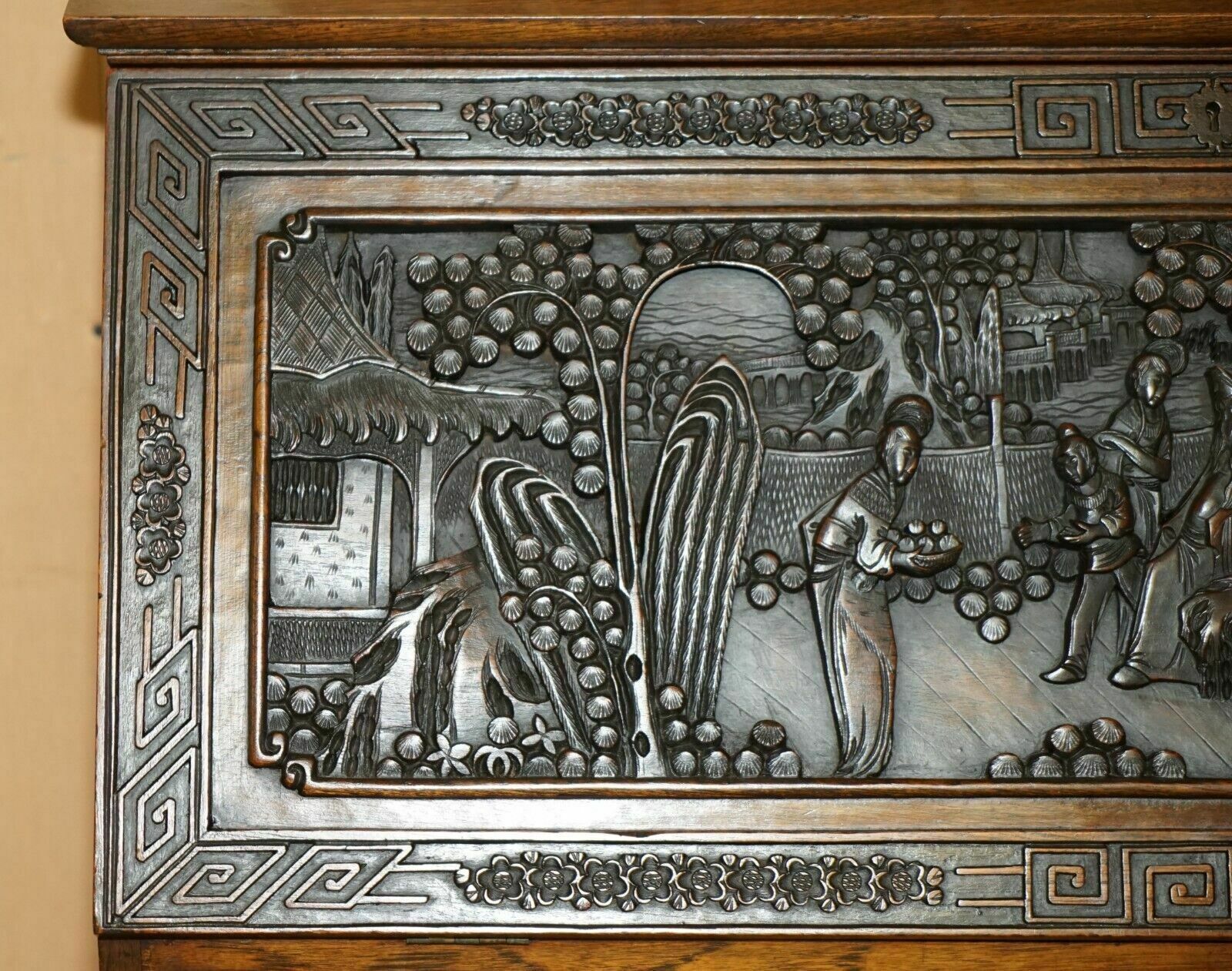 Antique Circa 1940's Hand Carved Chinese Bureau Writing Desk And Matching Armchair photo buy