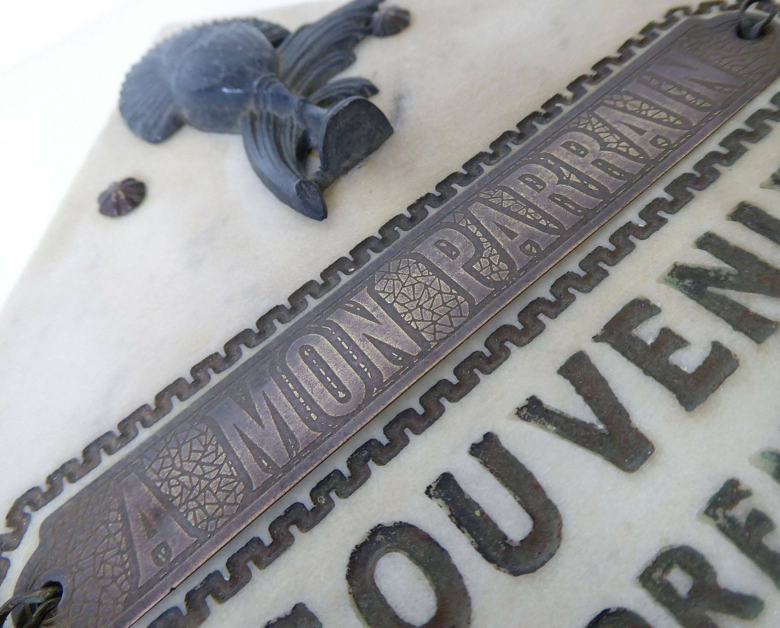 First Communion Souvenir | Antique French Religious Souvenir | Marble Plaque photo vinterior