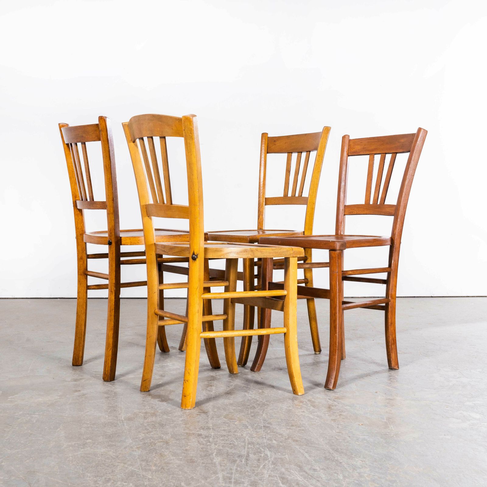 1950’s Standard Blonde Farmhouse French Mixed Dining Chairs – Set Of Four