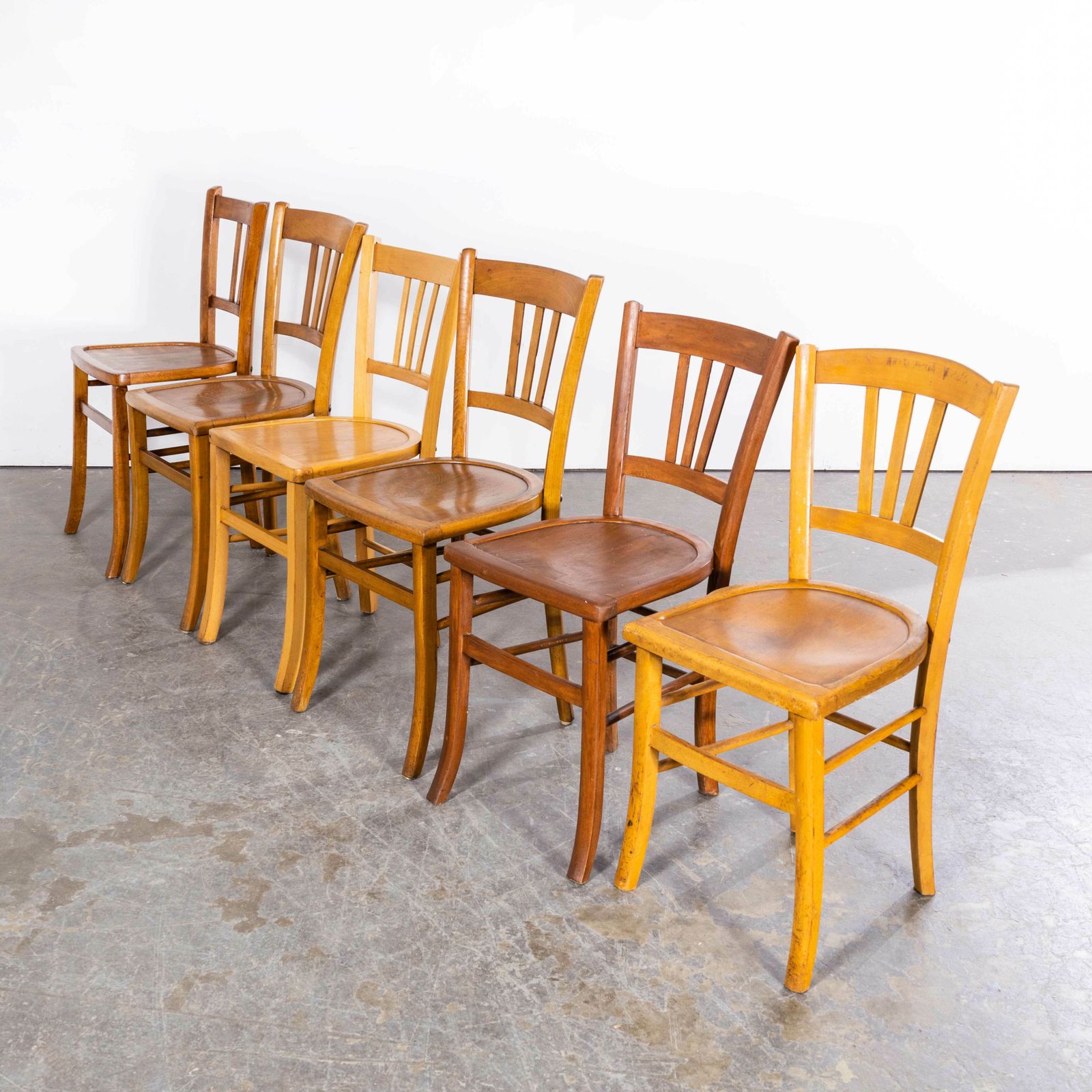 1950’s Standard Blonde Farmhouse French Mixed Dining Chairs – Set Of Six photo for sale