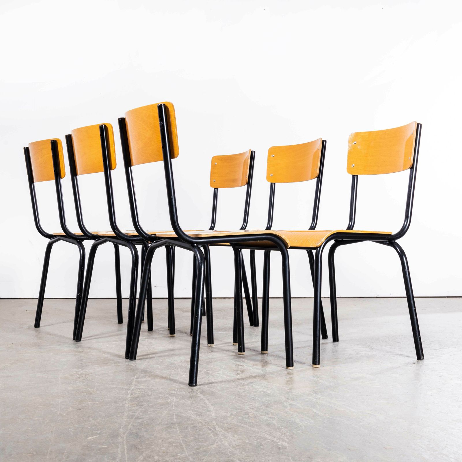 1960’s Original Black French Stacking University Chairs Wide Back – Set Of Six