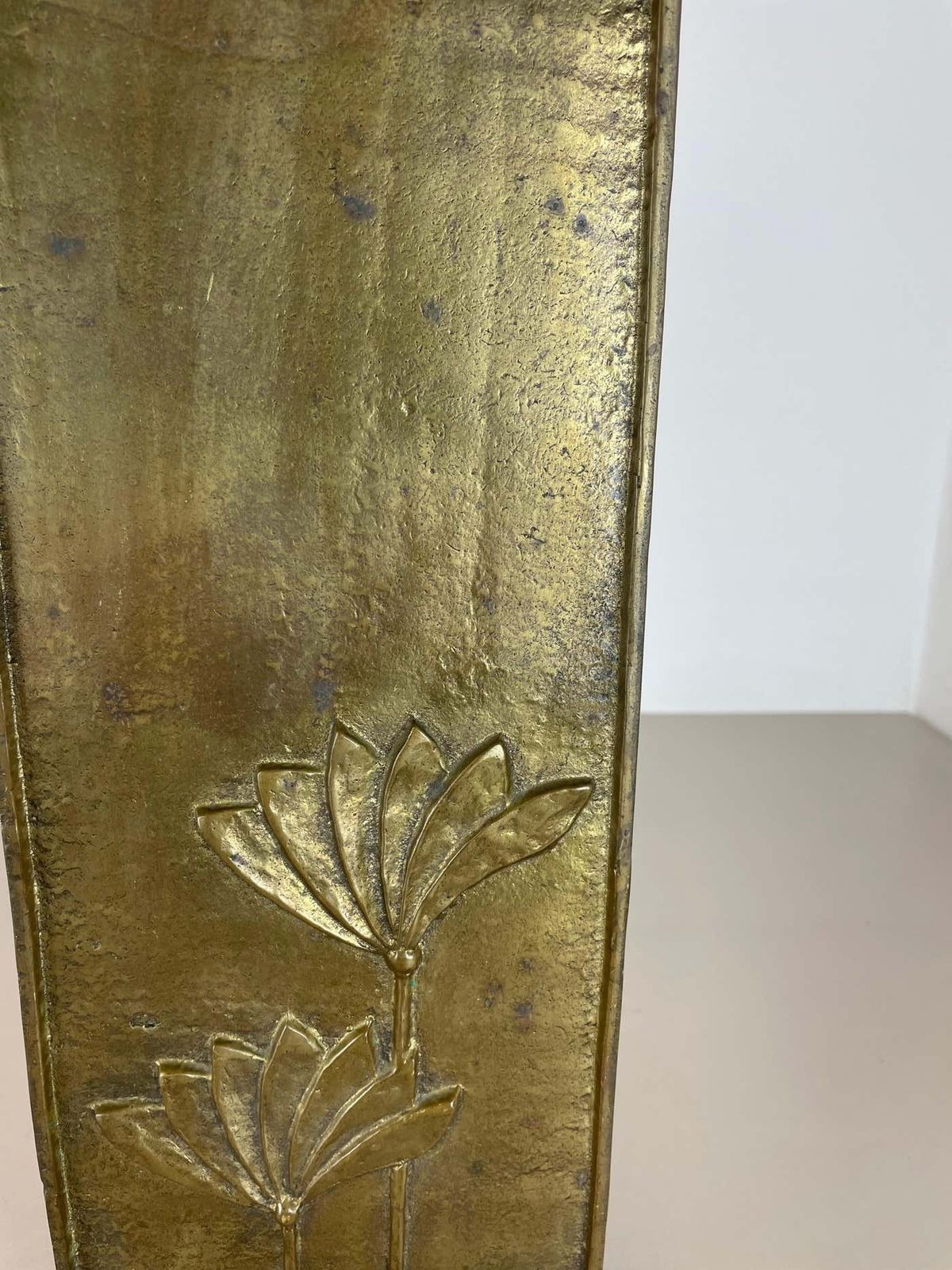 photo for sale Hollywood Regency Solid  Brutalist Floral Brass Umbrella Stand, Italy 1970s