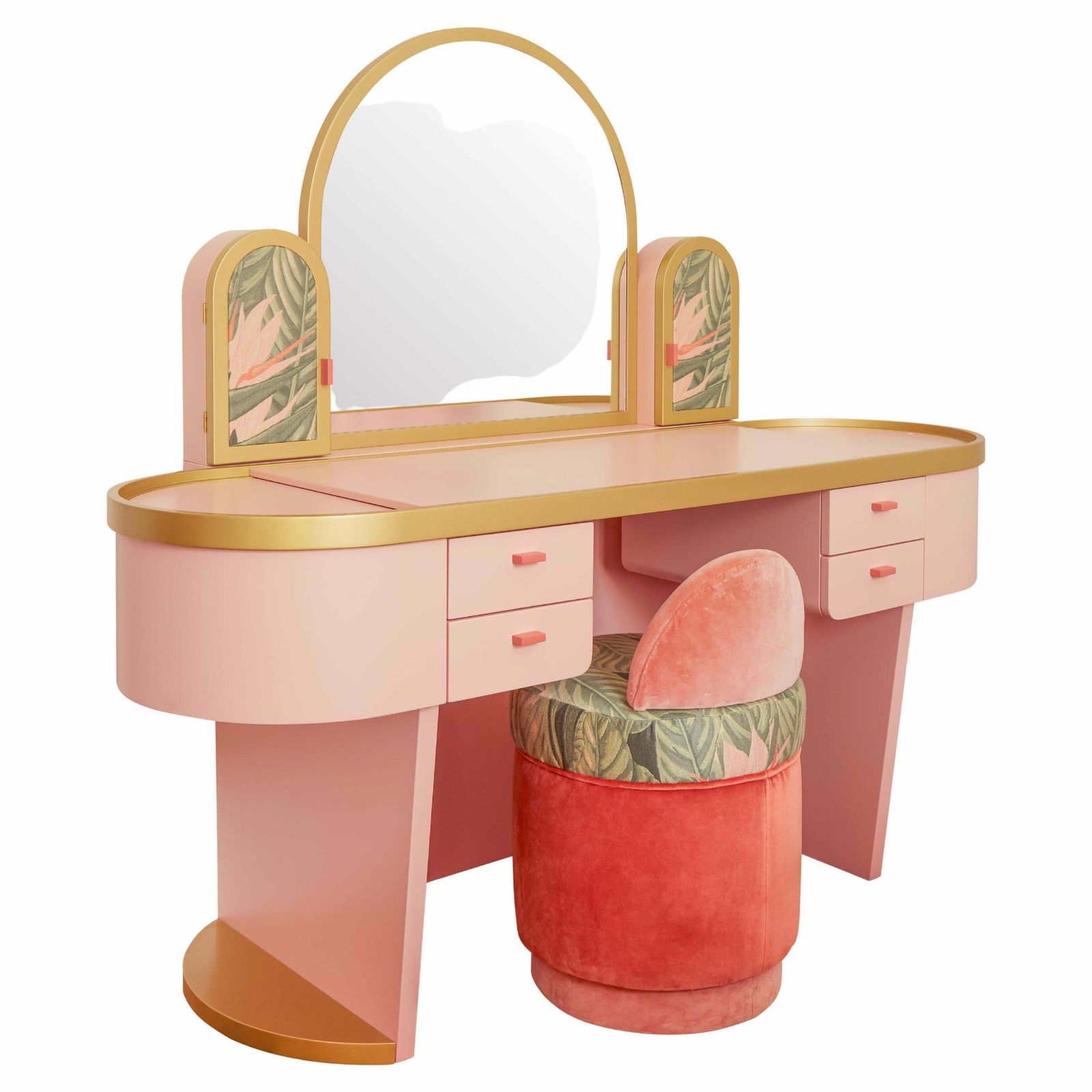 Pink Bedroom Vanity With Velvet Pouff