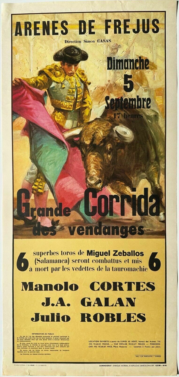 Poster Vintage Poster Arenes De Frejus Great Bullfight Of The Zeballos Grape Harvest