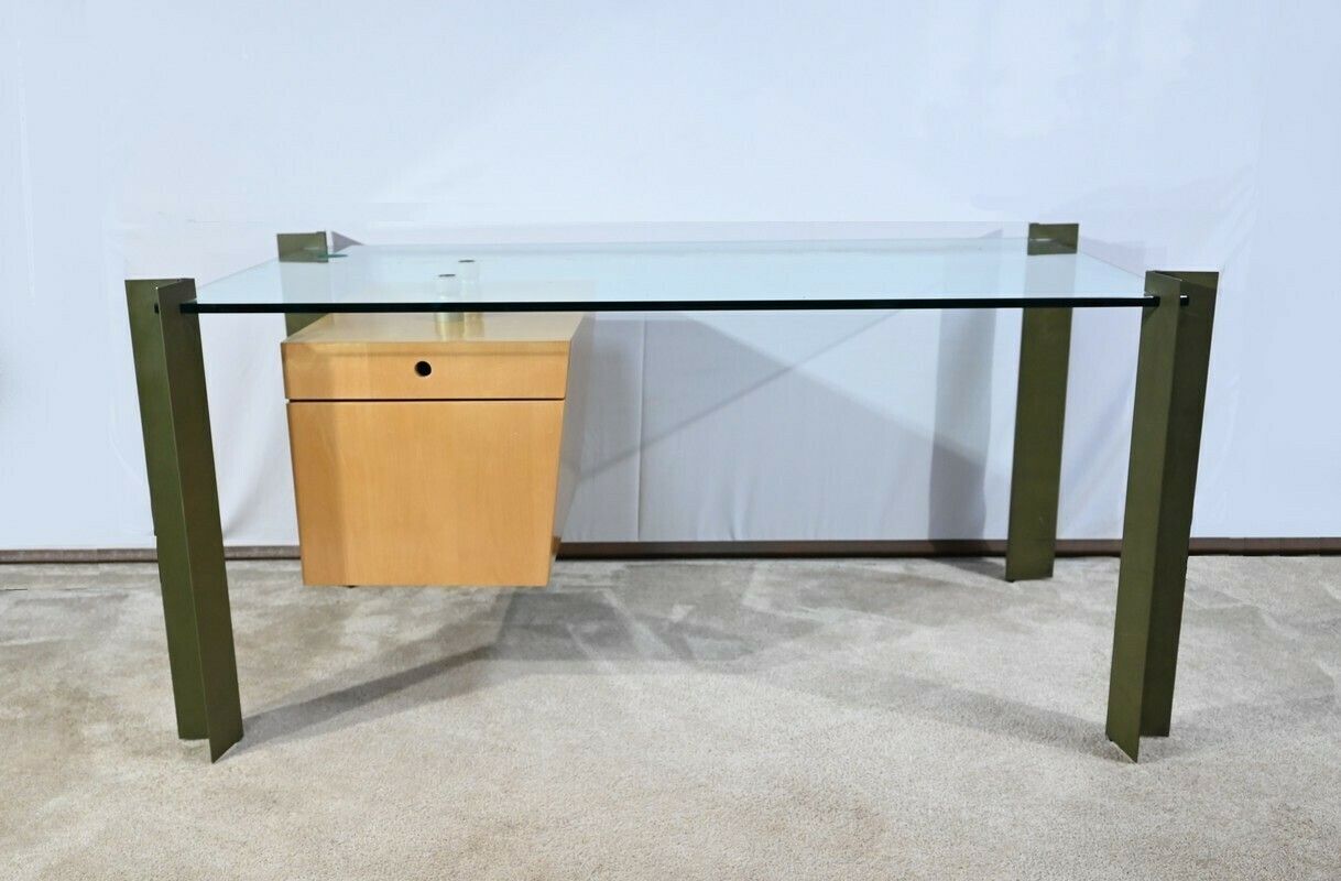 Bureau En Verre Et Sycomore, Par J.Rondineau Pour Le Cabinet Xi Design – Fin Xxe