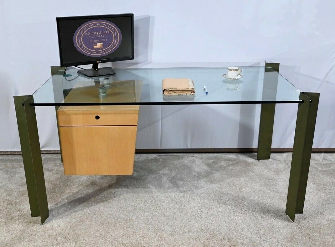 Bureau En Verre Et Sycomore, Par J.Rondineau Pour Le Cabinet Xi Design – Fin Xxe photo furniture