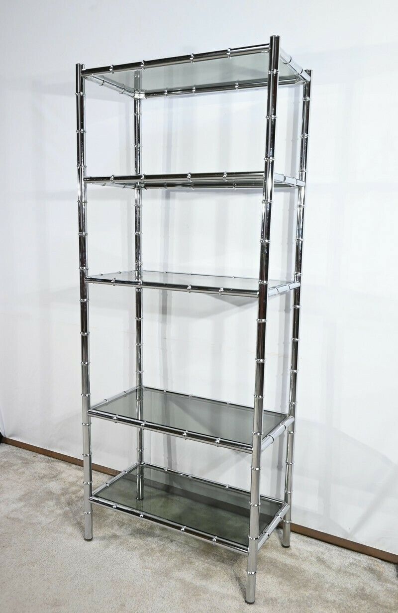 5 Tier Shelf In Chromed Metal, Bamboo Spirit – 1970 photo for sale