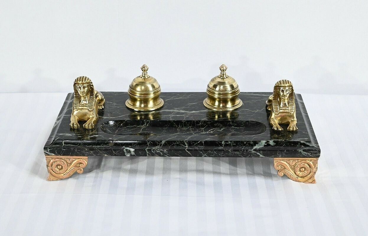 Inkwell In Bronze And Marble, Empire Style   1st Part Of The 19th Century