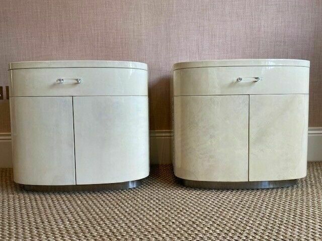 Pair Of Original Vintage Karl Springer Bedside Tables, Lacquered Parchment