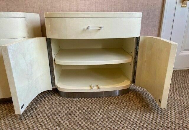 Pair Of Original Vintage Karl Springer Bedside Tables, Lacquered Parchment photo for sale