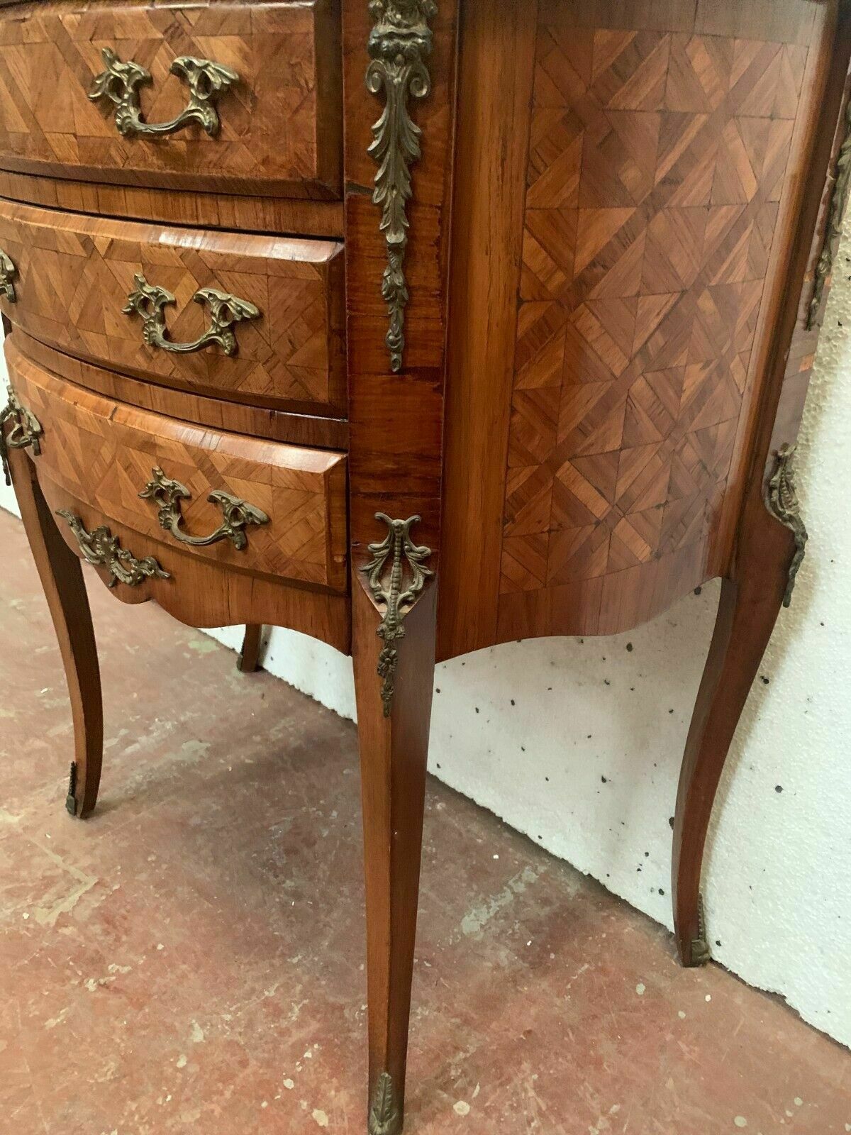Louis XV Style Half Moon Chest Of Drawers In Marquetry With A Background Of Cubes, 20th Century photo for sale