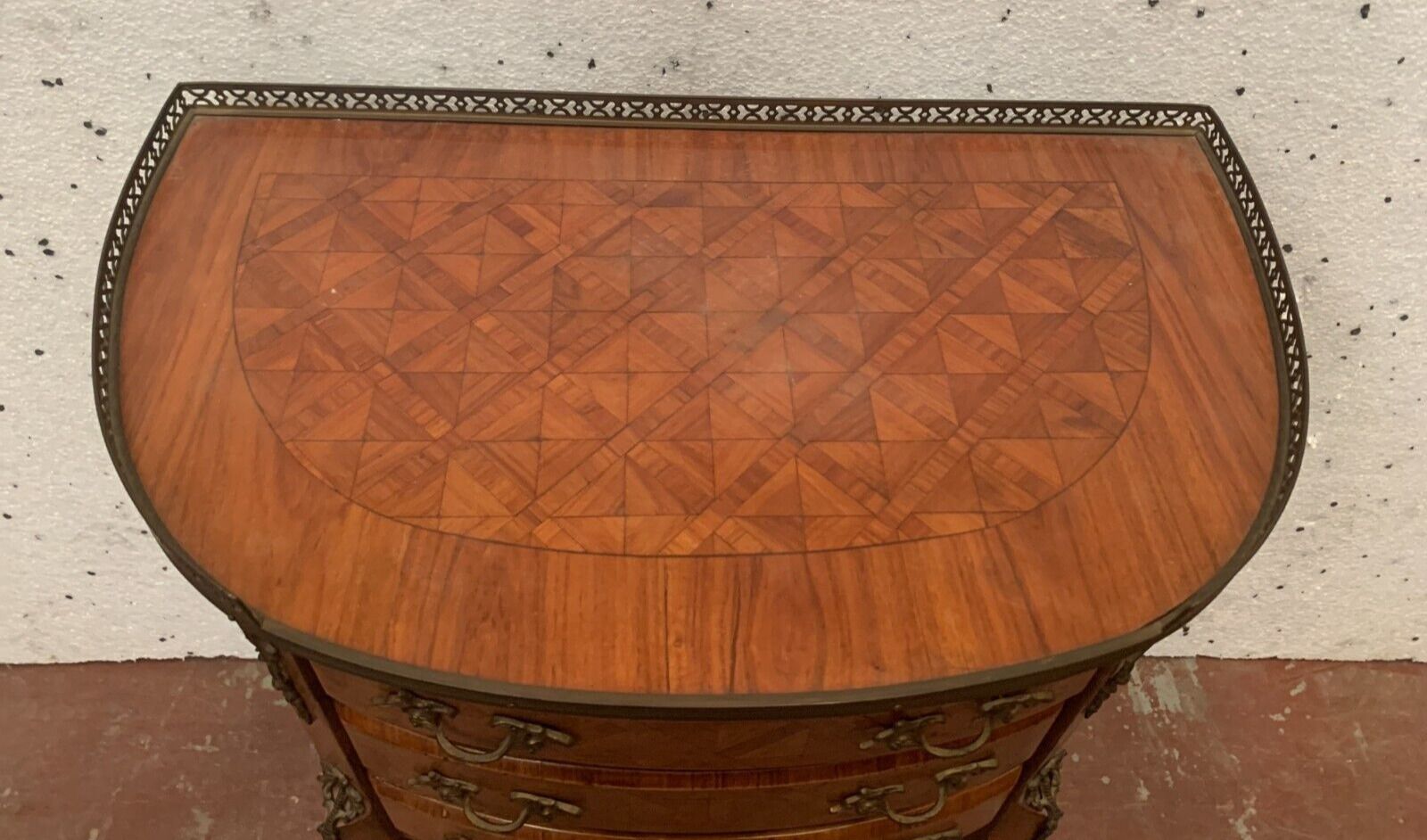 photo furniture Louis XV Style Half Moon Chest Of Drawers In Marquetry With A Background Of Cubes, 20th Century