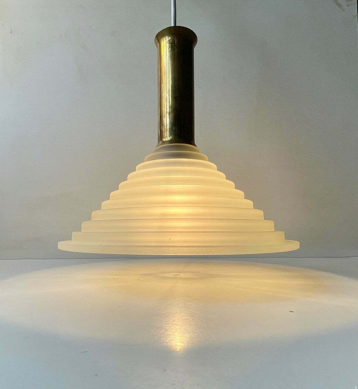 Vintage Italian Art Deco Revival Pendant Lamp In Brass And Glass photo Lighting