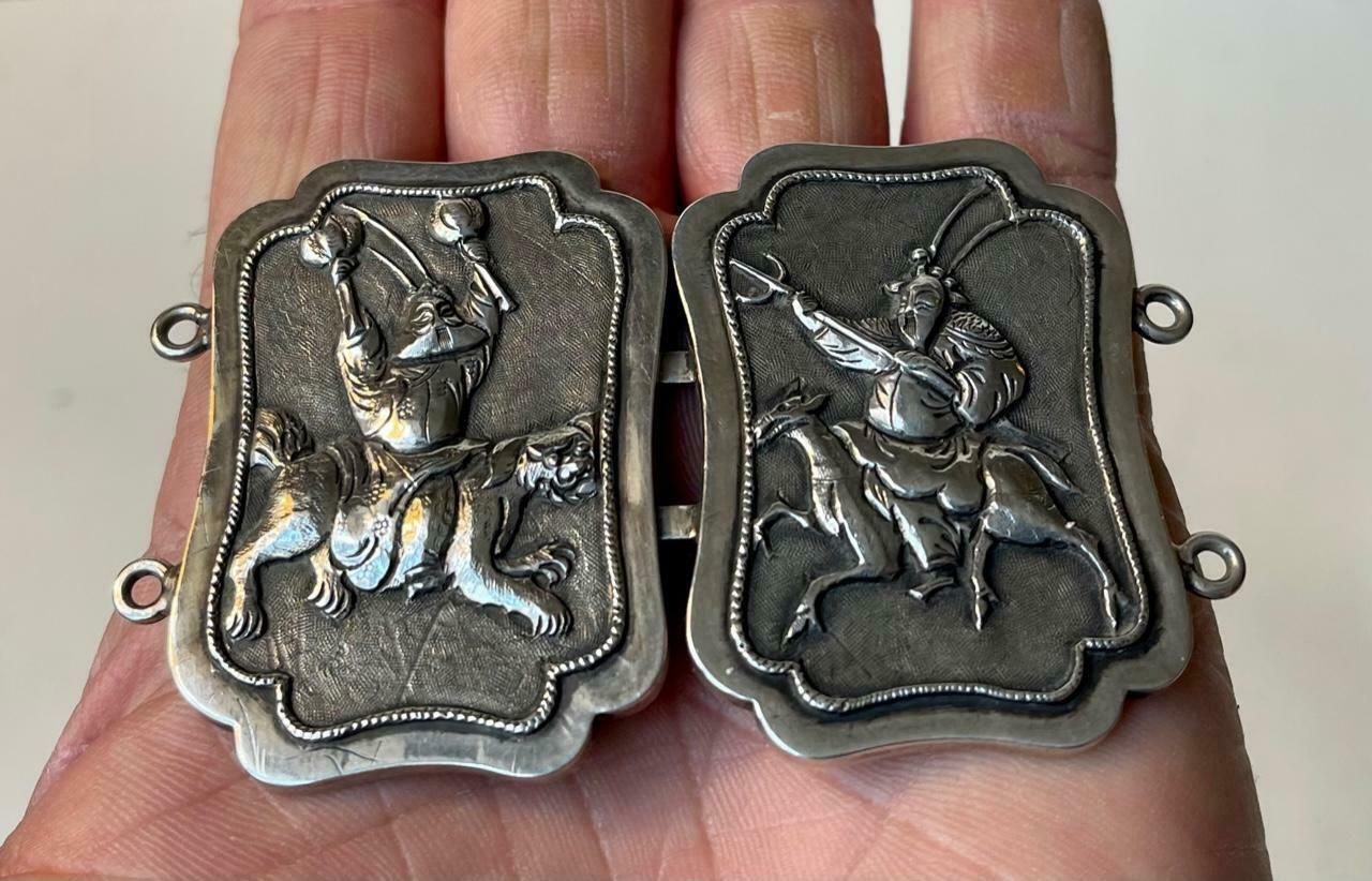 Antique Chinese Export Silver Belt Buckle With Samurais, Woshing Shanghai photo 686.0