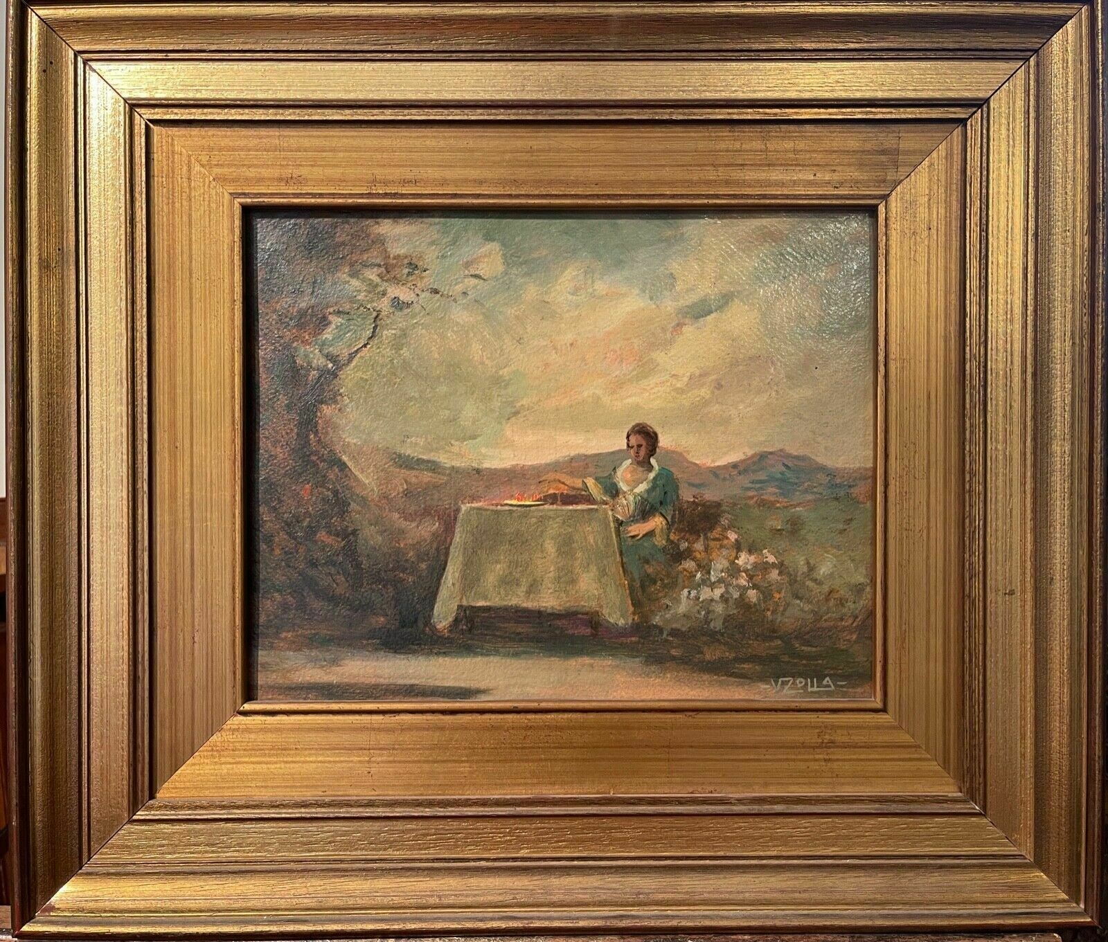 Oil Painting On Cardboard, Women At The Table, V. Zolla, 19th Century