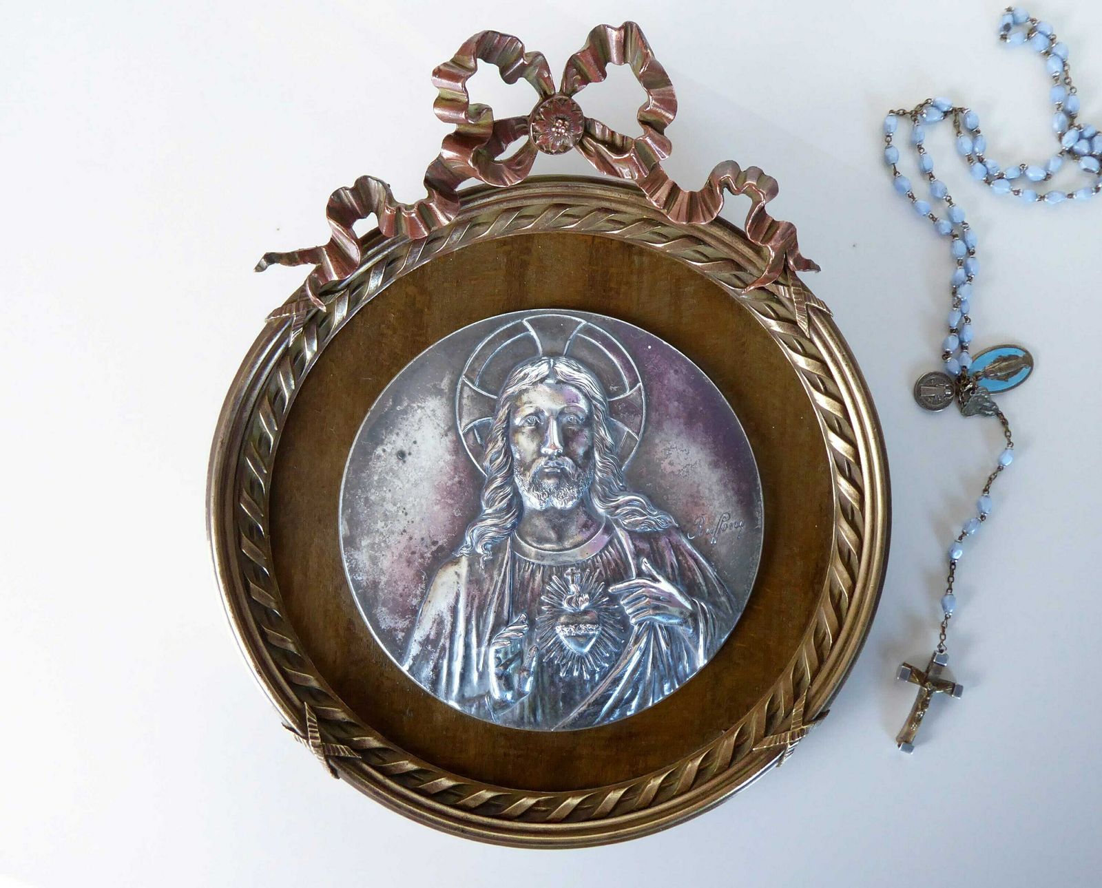 Sacred Heart | Antique Religious Plaque With Christ Medallion By Ruffony | Religious Gift
