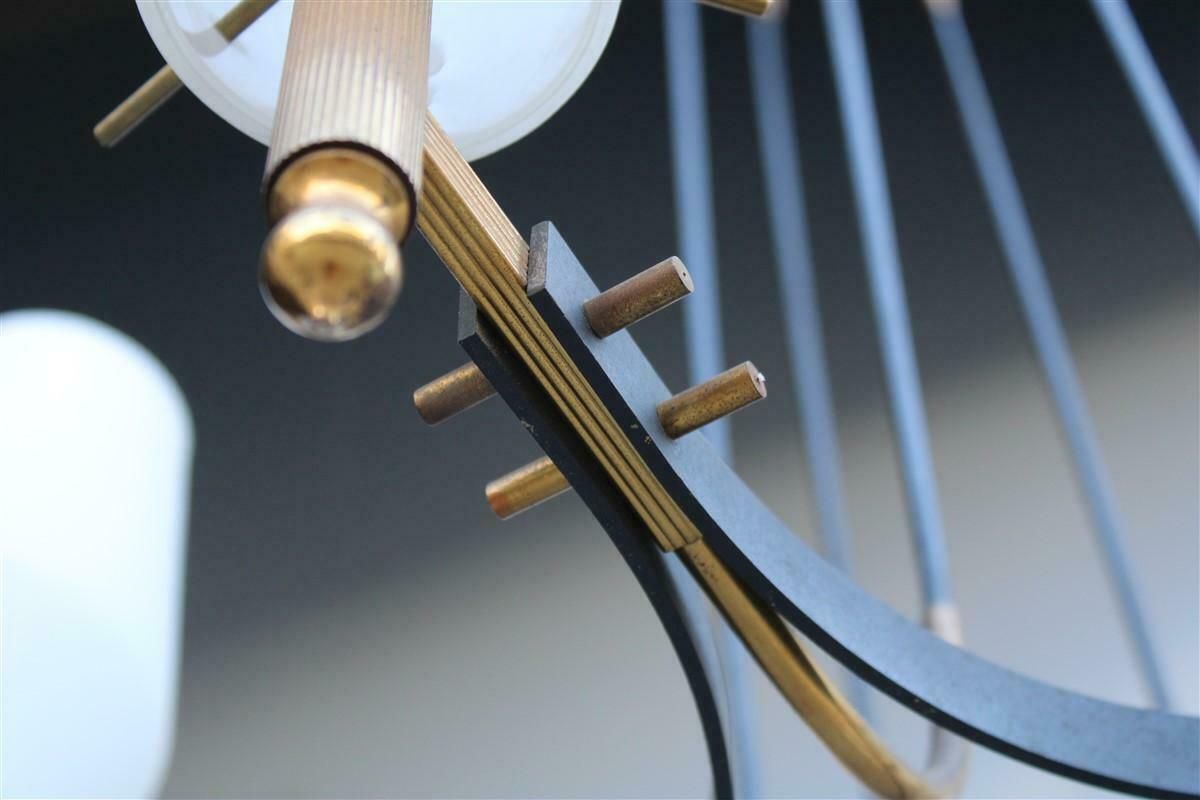 Round Mid Century Italian Stilnovo Chandelier Brass And White Murano Glass 1950 photo Lighting
