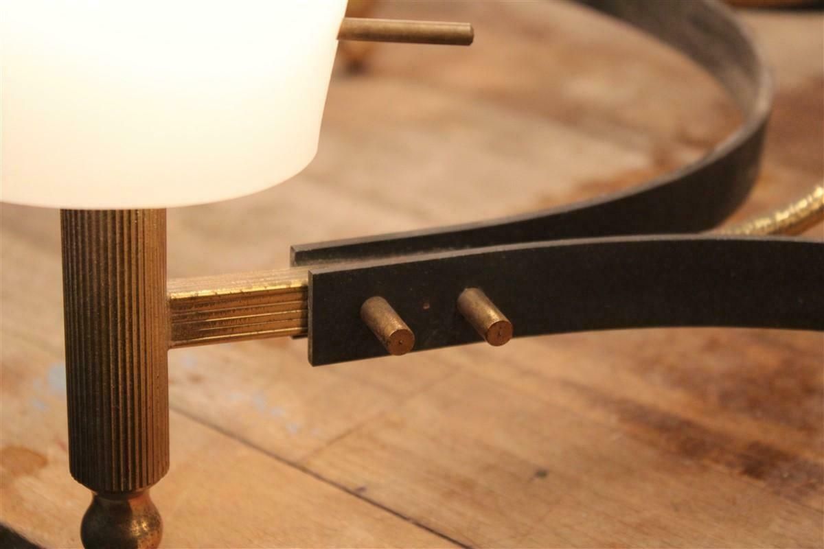 photo vinterior Round Mid Century Italian Stilnovo Chandelier Brass And White Murano Glass 1950