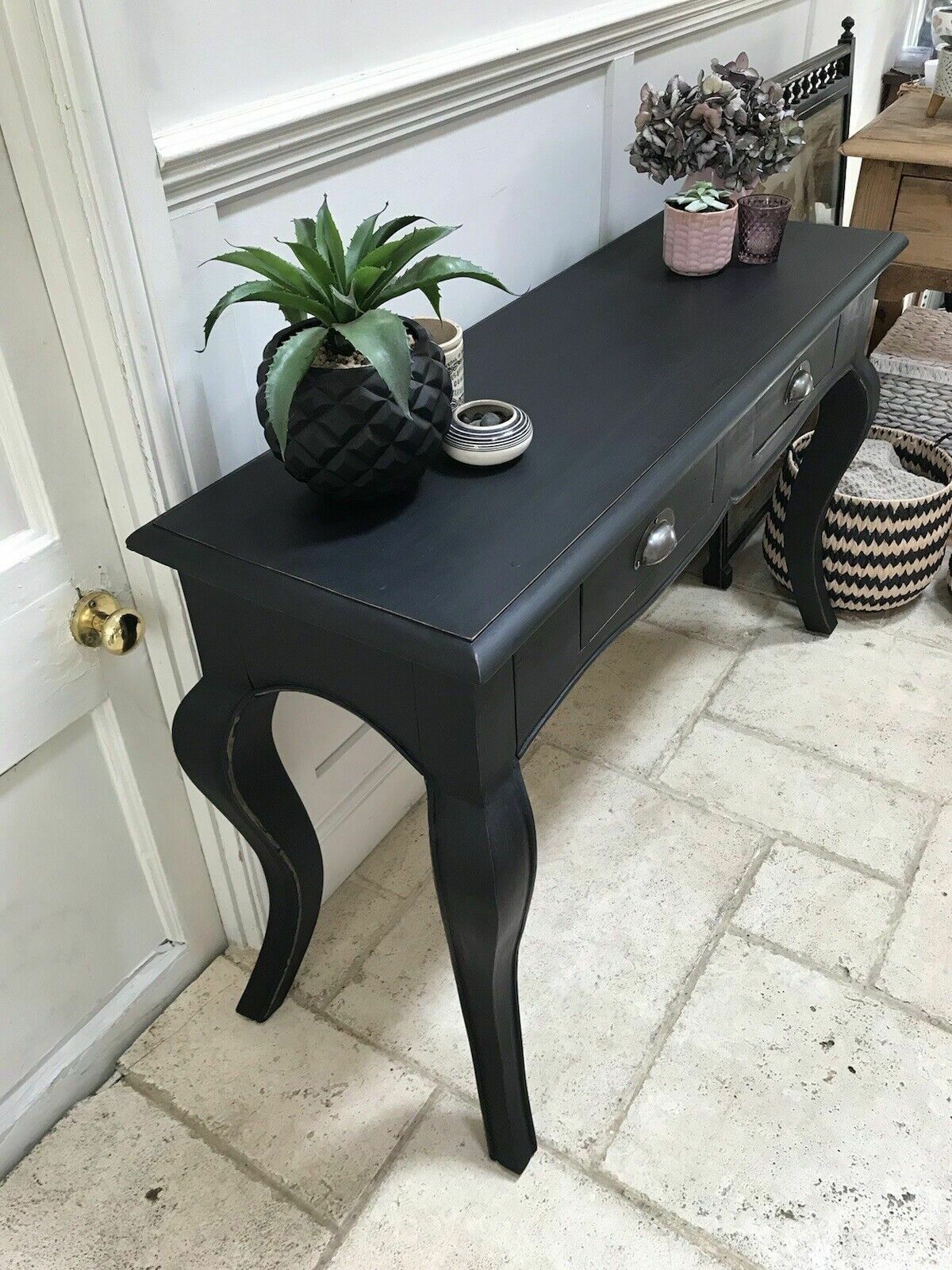 Furniture Black Painted French Style Reproduction Console Hall Dressing Writing Side Table photo