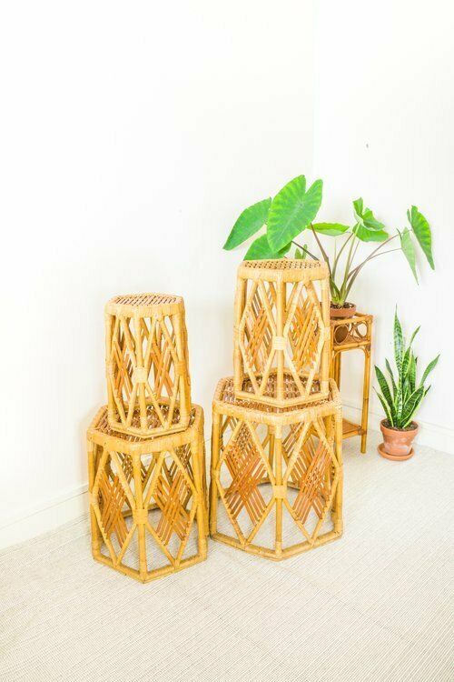 Nest Of 4 Rattan Hexagonal Side Tables / Stools / Plant Stands