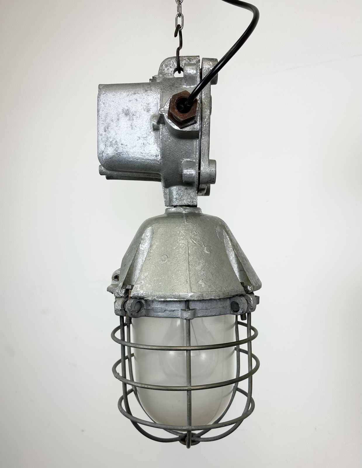 Lighting Large Industrial Cast Aluminium Cage Pendant Light From Polam Wilkasy, 1960s, 2x photo