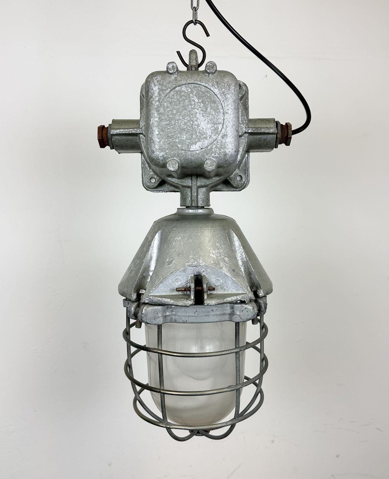 photo vinterior Large Industrial Cast Aluminium Cage Pendant Light From Polam Wilkasy, 1960s, 2x