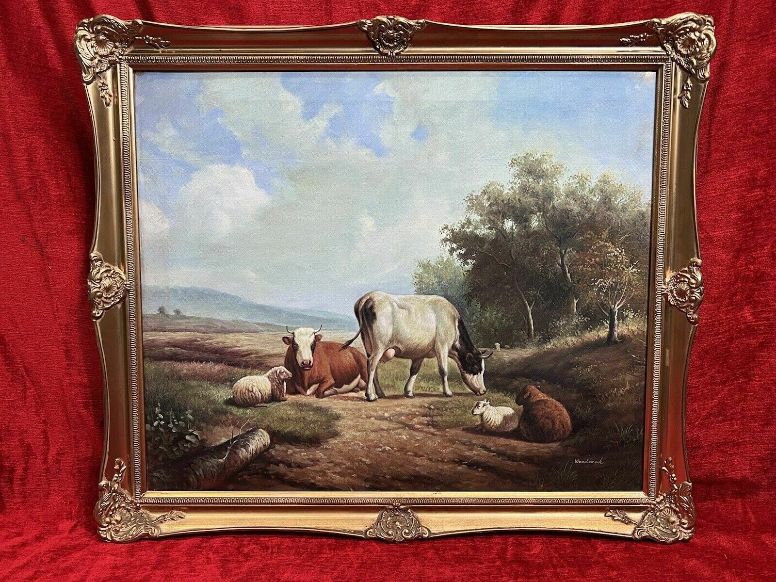 Fine Oil Painting Of Horned Cattle Grazing & Sheep In Landscape Signed Woodcock photo furniture