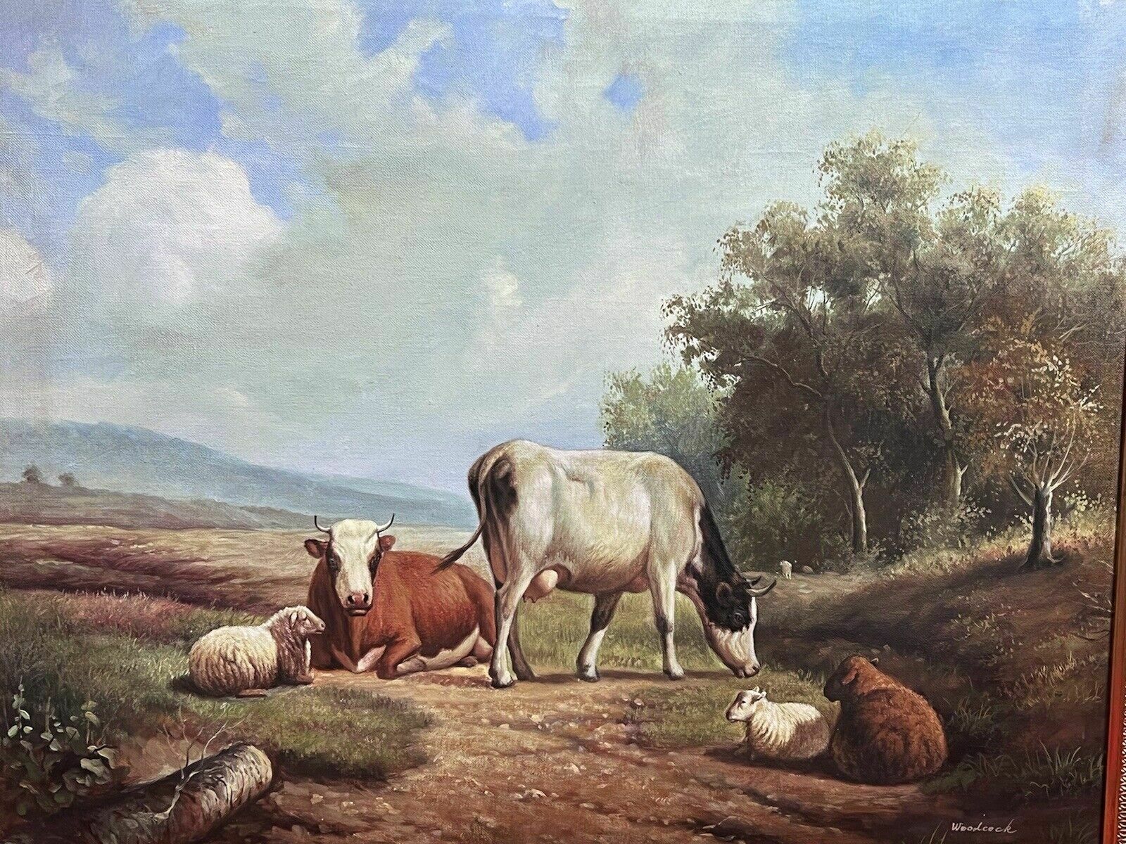 Fine Oil Painting Of Horned Cattle Grazing & Sheep In Landscape Signed Woodcock photo Art