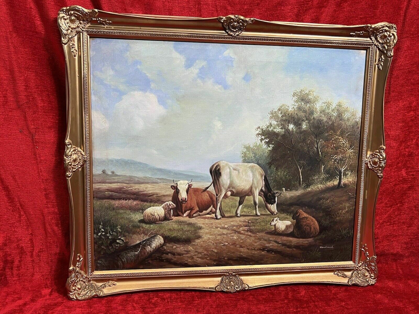 Fine Oil Painting Of Horned Cattle Grazing & Sheep In Landscape Signed Woodcock photo vinterior