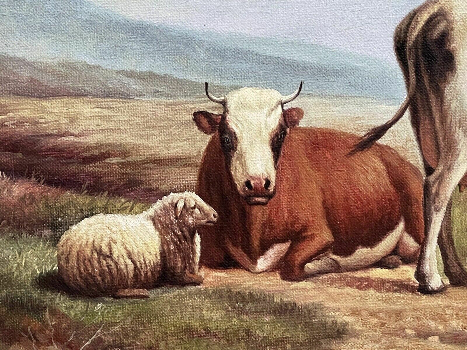 Fine Oil Painting Of Horned Cattle Grazing & Sheep In Landscape Signed Woodcock photo buy